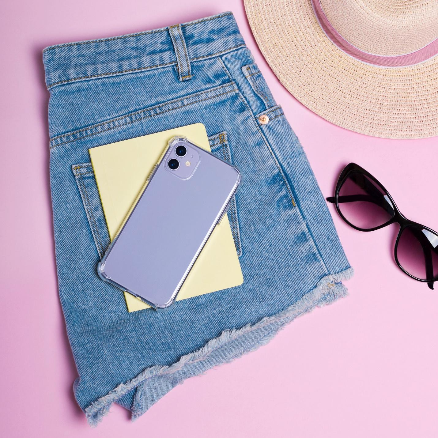 A picture containing glasses, pattern (fashion design), fashion accessory, jeans
Description automatically generated